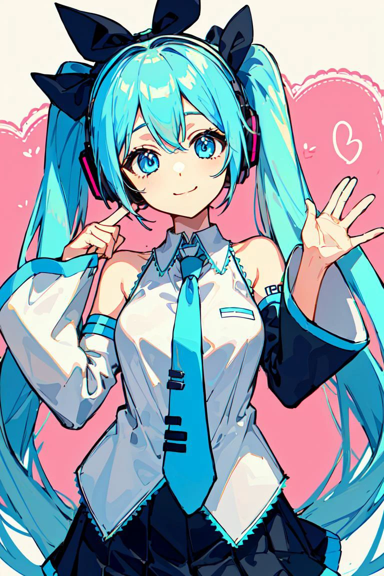 1girl, updo, skirt, bow, shirt, necktie, hatsune miku, detached sleeves, hair bow, black skirt, smile, pleated skirt, blue bow, collared shirt, ear bow, looking at viewer, black sleeves, cowboy shot, sleeveless shirt, hatsune miku (cosplay), cosplay, bangs, sleeveless, >_<, headphones, blue eyes, heart, closed mouth, hands up, white shirt, blue hair, aqua necktie, bare shoulders, long sleeves, aqua hair