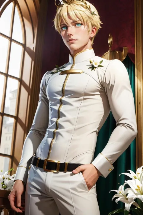 professional photo of NeroAugustus, solo, blonde hair, 1boy, male focus, green eyes, ahoge, long sleeves, laurel crown, arthur pendragon (fate), nero claudius (bride) (fate), male focus, lock, cosplay, white bodysuit, padlock, belt, lily flowers, bodysuit with zippers, pants bulge,
detailed skin, detailed eyes, detailed face,
volumetric light, highrez, masterpiece, best quality,
<lora:MaleNero-10:0.6:MIDD>