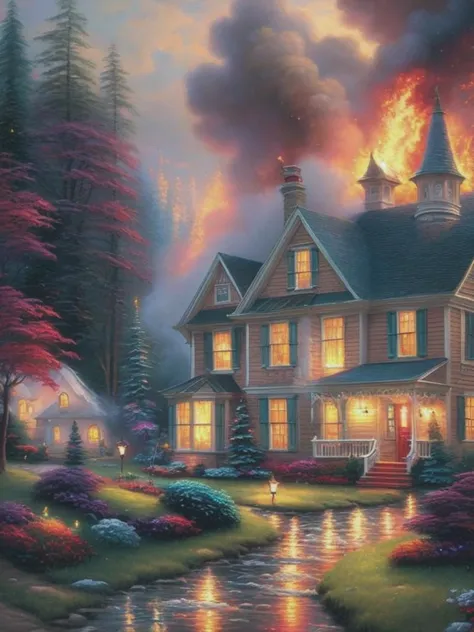 <lyco:thomaskinkade:1.0> a 50mm photo of thomas kinkade painting, in his typical style, a raging house fire .