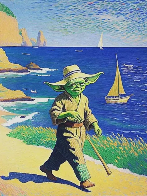 <lyco:paulsignac:1.0> yoda with straw hat walks near the sea, paul signac style