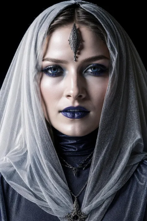 Fashionable portrait of androgynous alien looking witch wearing veil, glowing eyes, futuristic design, minimal details, givenchy...