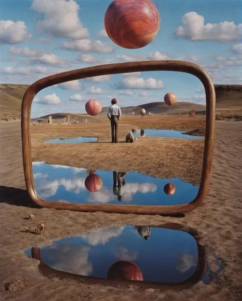 by storm thorgerson, psychedelic hyperrealistic surrealism, dreamscape, award winning masterpiece with incredible details, A mirror reflects not the room, but glimpses of alternate realities, highly detailed<lora:Storm:0.5>
