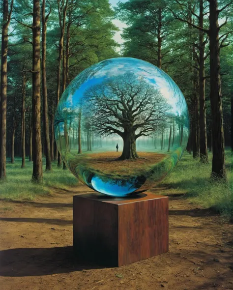 by storm thorgerson, psychedelic hyperrealistic surrealism, dreamscape, award winning masterpiece with incredible details, Trees of glass stand in a forest where light refracts in strange ways, highly detailed 