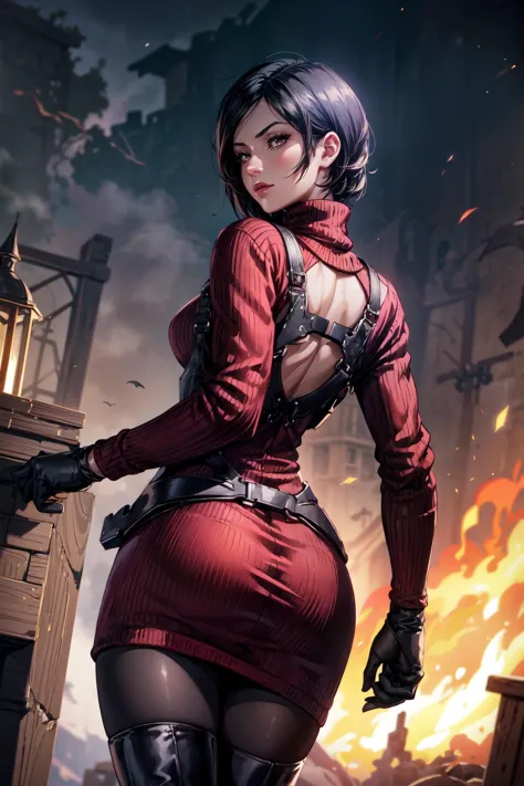 1girl,RE4, adawong,sweater dress, turtleneck, ribbed sweater, thigh high boots, pantyhose, harness,from behind,looking at viewer,holdiang a gun,old castle background,masterpiece,extremely detailed CG unity 8k wallpaper, best quality,32k,focus sharp, <lora:AdaWong:0.8>, <lora:add_detail:1>,