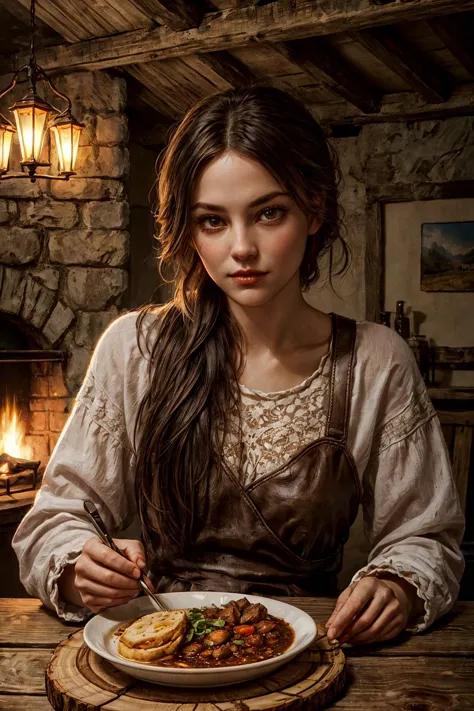In the heart of an ancient, enchanted forest, envision a cozy wooden inn, its timbers darkened by time and warmed by the flickering glow of hearth fires. Within this rustic sanctuary, a lone young (warrior woman) takes respite from her wanderings in search...