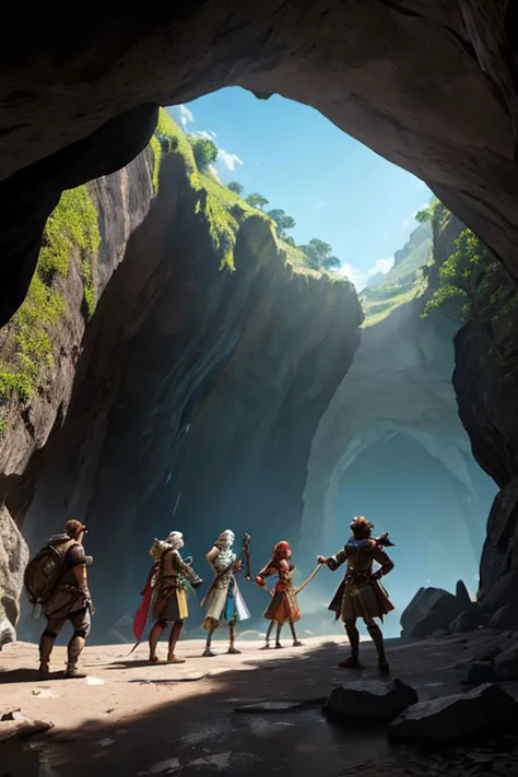 a party of four adventurers stand in front of the cave entrance.