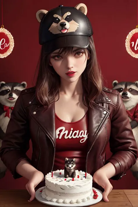 stylish bear in a leather jacket and a festive cap, cake, raccoon in a red leather jacket