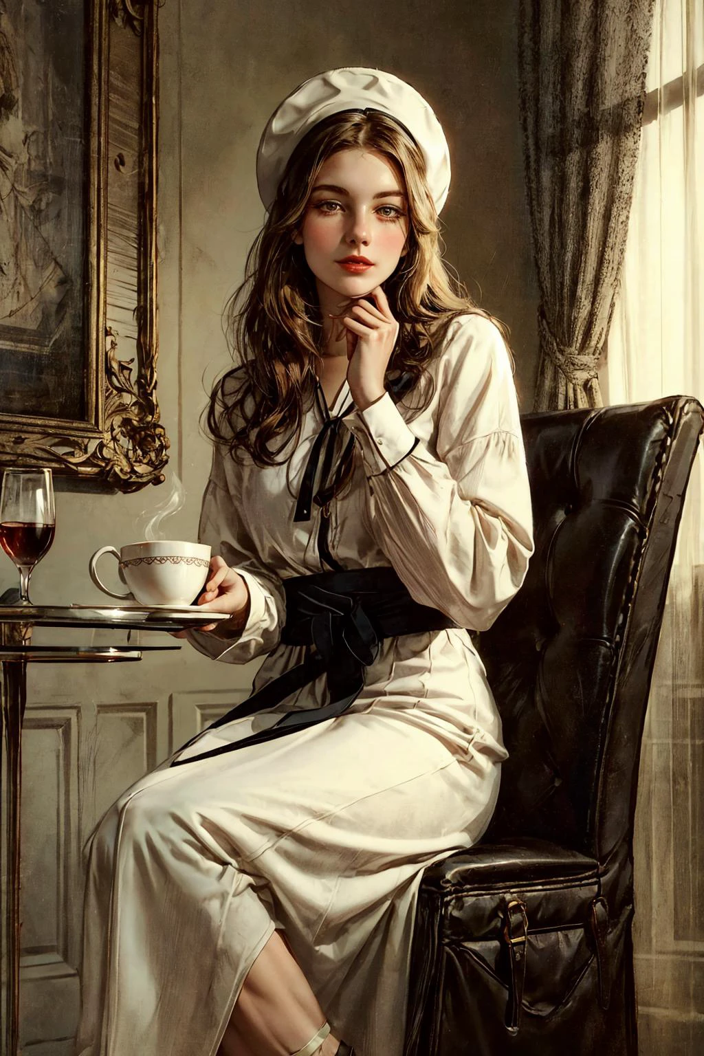 Generate an image that transports us to the enchanting world of the interwar period in Paris, where a young and elegant flight attendant savors a quiet moment at a charming Parisian cafÃ©.
The flight attendant herself embodies the grace and sophistication of the era. She possesses a timeless beauty and slender figure that complements her chic and vintage attire, perfectly in sync with the ambiance of the interwar period.
Her hair, a rich chestnut hue, is elegantly styled in loose waves that frame her face. Her eyes, a captivating shade of deep hazel, reflect both the allure of Paris and a sense of curiosity. Long, dark eyelashes emphasize her eyes, and she wears subtle brown eyeshadow that adds to her sophistication.
Her facial features are delicately proportioned, featuring a  nose and high cheekbones that evoke the elegance of the interwar era. Her lips, with a natural rosy tint, form a warm and inviting smile that exudes charm and grace.
The flight attendant's attire is a testament to the fashion of the timeâa tailored, knee-length dress cinched at the waist and flared at the skirt. She wears a stylish cloche hat adorned with a ribbon, adding an air of sophistication. Classic pumps and a vintage leather handbag complete her ensemble.
As she sits at the Parisian cafÃ©, she enjoys a cup of coffee, her delicate fingers wrapped around the warm porcelain cup. The cafÃ© exudes an authentic interwar atmosphere, with wrought-iron tables and chairs, checkered tablecloths, and the soft hum of conversation in the background.
The image is bathed in the soft, romantic light of a Parisian afternoon, casting a warm and nostalgic glow over the scene. It captures a fleeting moment in time, where the flight attendant relishes the magic of Paris during the interwar period, embodying the spirit of elegance and exploration.
This revised prompt focuses on the flight attendant's experience at a Parisian cafÃ©, maintaining the interwar atmosphere.  