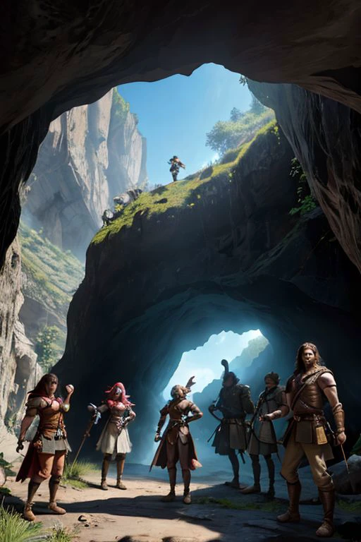 a  of four adventurers stand in front of the cave entrance.