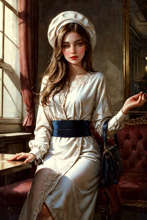 Generate an image that transports us to the enchanting world of the interwar period in Paris, where a young and elegant flight attendant savors a quiet moment at a charming Parisian cafÃ©.
The flight attendant herself embodies the grace and sophistication of the era. She possesses a timeless beauty and slender figure that complements her chic and vintage attire, perfectly in sync with the ambiance of the interwar period.
Her hair, a rich chestnut hue, is elegantly styled in loose waves that frame her face. Her eyes, a captivating shade of deep hazel, reflect both the allure of Paris and a sense of curiosity. Long, dark eyelashes emphasize her eyes, and she wears subtle brown eyeshadow that adds to her sophistication.
Her facial features are delicately proportioned, featuring a  nose and high cheekbones that evoke the elegance of the interwar era. Her lips, with a natural rosy tint, form a warm and inviting smile that exudes charm and grace.
The flight attendant's attire is a testament to the fashion of the timeâa tailored, knee-length dress cinched at the waist and flared at the skirt. She wears a stylish cloche hat adorned with a ribbon, adding an air of sophistication. Classic pumps and a vintage leather handbag complete her ensemble.
As she sits at the Parisian cafÃ©, she enjoys a cup of coffee, her delicate fingers wrapped around the warm porcelain cup. The cafÃ© exudes an authentic interwar atmosphere, with wrought-iron tables and chairs, checkered tablecloths, and the soft hum of conversation in the background.
The image is bathed in the soft, romantic light of a Parisian afternoon, casting a warm and nostalgic glow over the scene. It captures a fleeting moment in time, where the flight attendant relishes the magic of Paris during the interwar period, embodying the spirit of elegance and exploration.
This revised prompt focuses on the flight attendant's experience at a Parisian cafÃ©, maintaining the interwar atmosphere.  