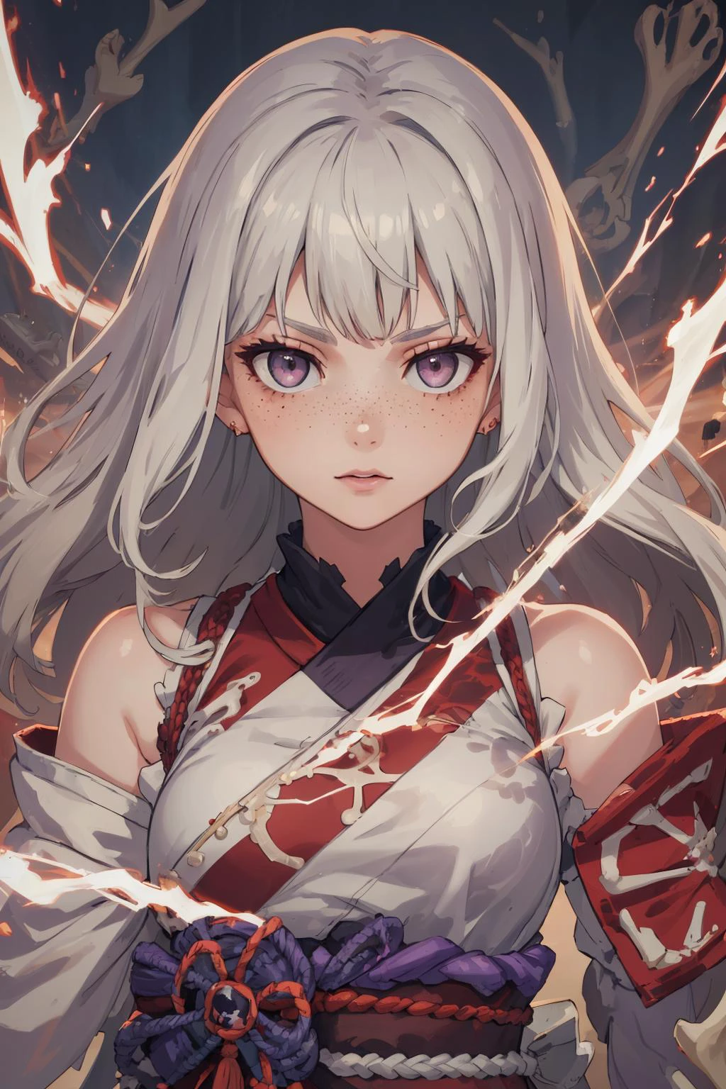 masterpiece, best quality, 1 girl, adult  woman, freckles, grey eyes, white wavy hair, ombre, bangs, 
 solo, half shot, looking at viewer, detailed background, detailed face, (fragmented bones, energy stream, bonemagic  theme:1.1), shogun, purple samurai clothing,    samurai crest,  banner in background, wind, cinematic atmosphere,