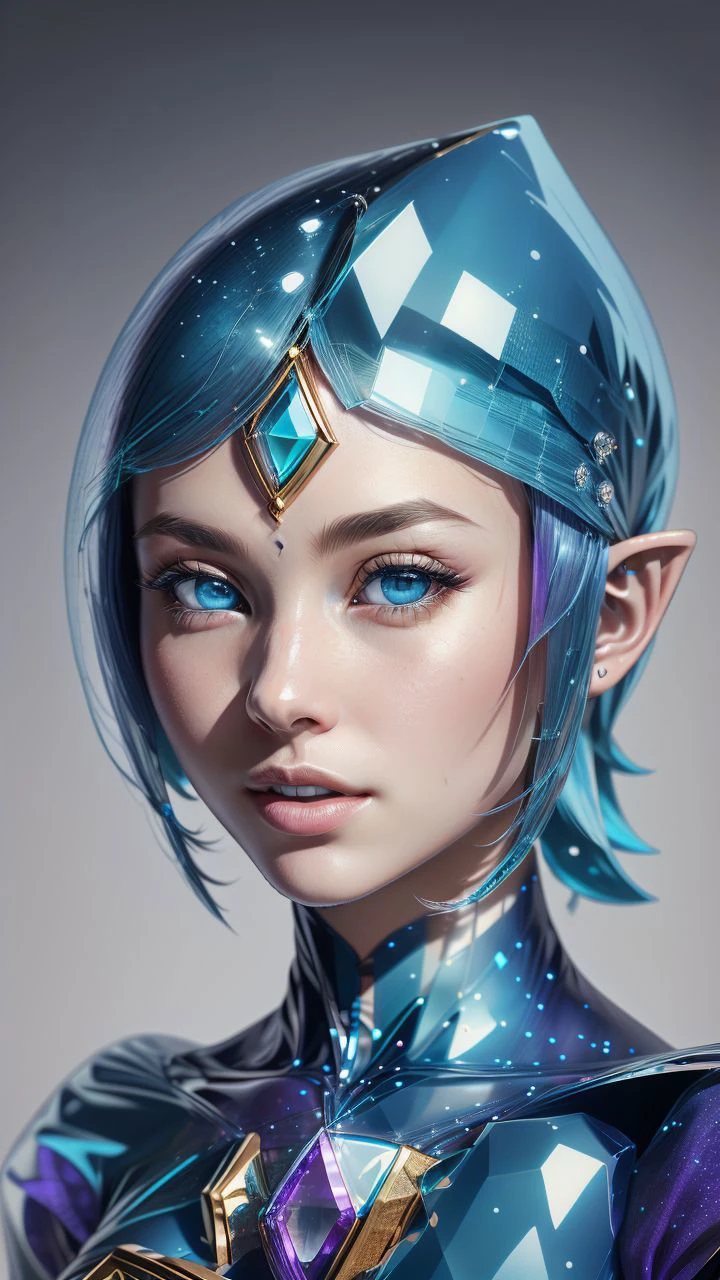 (best quality:1.2) (4k:1.) (very high resolution:1.1),(realistic photograph:1.1),(ultra detailed CG:1.1),official concept art,no human,1girl elf,solo,(detailed face:1),(small breasts:1),full body,transparent body,sitting,(phcrystal:1),colorful crystal,gems,(translucent),(transparent),reflection,RTX,lay tracing,blue eyes,blank eyes,no pupils,colored skin,blue skin,blue hair,body jewel,forehead jewel,(full body),