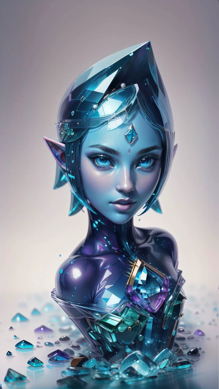 (best quality:1.2) (4k:1.) (very high resolution:1.1),(realistic photograph:1.1),(ultra detailed CG:1.1),official concept art,sculpture made of crystal,no human,1girl elf,solo,(detailed face:1),(small breasts:1),full body,transparent body,sitting,(phcrystal:1),colorful crystal,gems,(translucent),(transparent),reflection,RTX,lay tracing,blue eyes,blank eyes,no pupils,colored skin,blue skin,blue hair,body jewel,forehead jewel,(full body),glasstech,