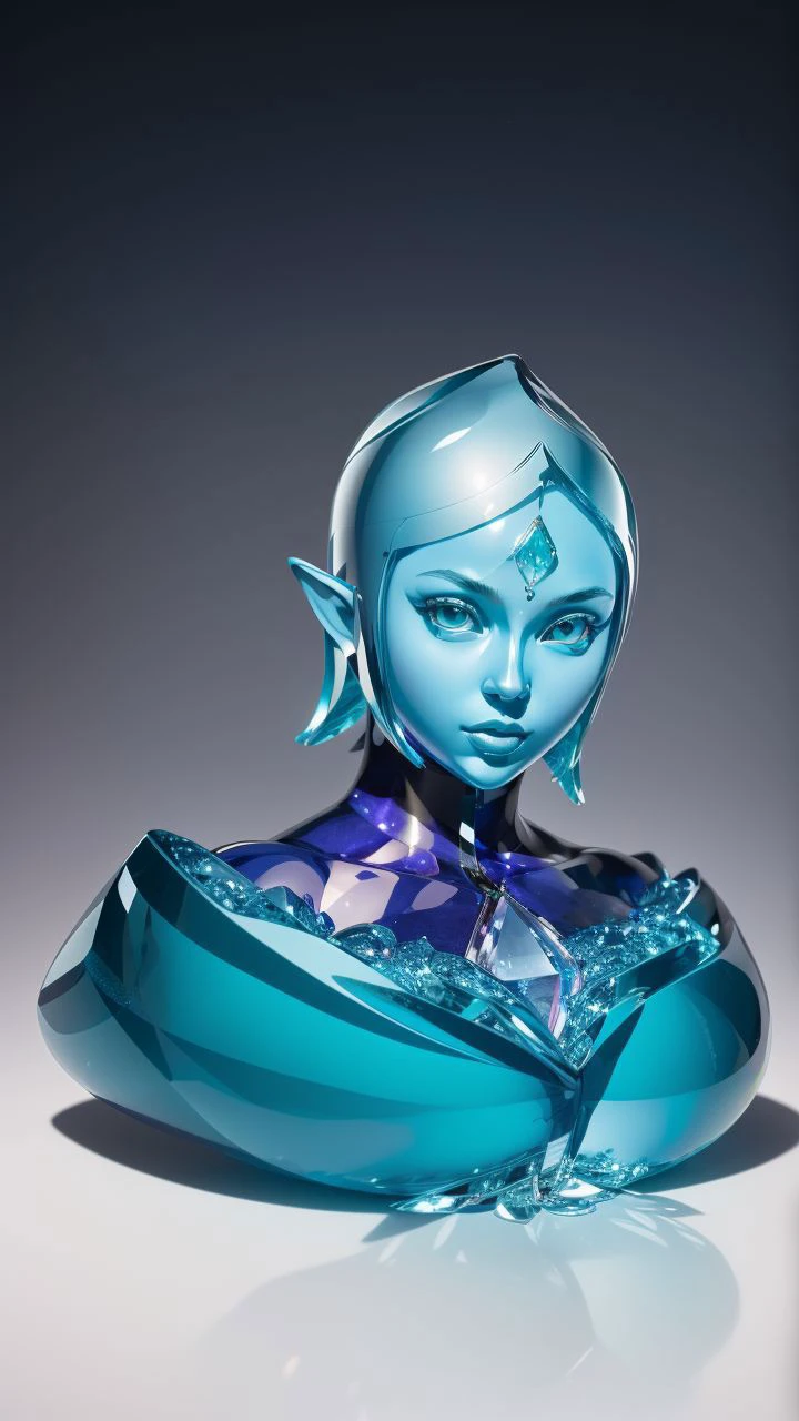 (best quality:1.2) (4k:1.) (very high resolution:1.1),(realistic photograph:1.1),(ultra detailed CG:1.1),official concept art,sculpture made of crystal,statue,no human,1girl elf,solo,(detailed face:1),(small breasts:1),full body,transparent body and wings,sitting,(phcrystal:1),colorful crystal,gems,(glasssculpture:0.95),translucent,transparent,reflection,RTX,lay tracing,blue eyes,blank eyes,no pupils,colored skin,blue skin,blue hair,body jewel,forehead jewel,