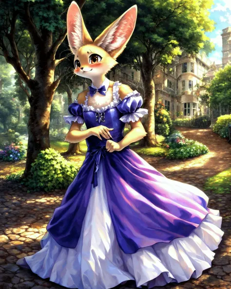 anthro, fennec, (solo, portrait), standing, male, fluffy, embarrassed, dress, cute outfit, topwear, daww, 5 fingers, frilly clot...