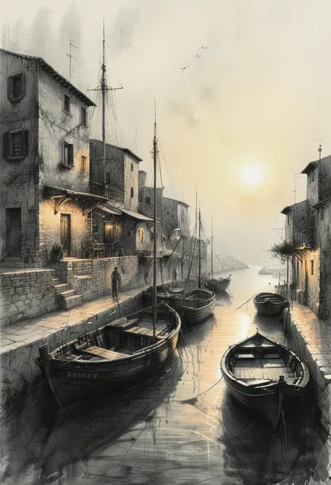 A concept art with black Pencil drawing of fishing boats in an old Mediterranean village port on sunset. In style of Greg Girard, Marc Simonetti and Dimitry Roulland.

(side view:1.2), Photorealistic crayon drawing, professional, sleek, modern, minimalist, graphic, line art, intricate details, light and shadow play, sunset