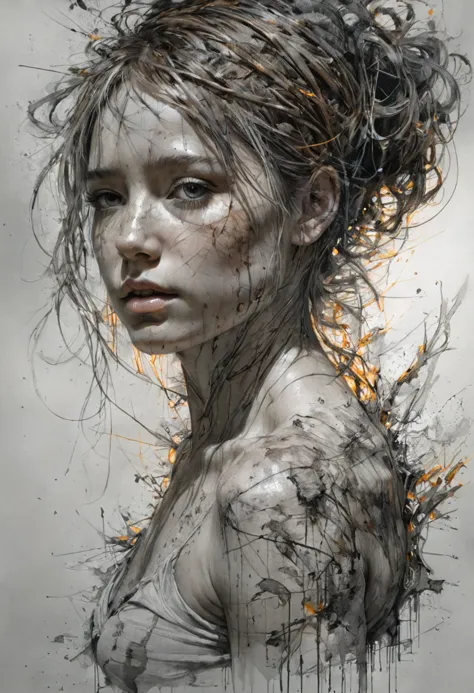 charcoal lines, strong shadows and bright highlights, carne griffiths,  girl, pascal blanche, hyper-realistic character, eleganc...