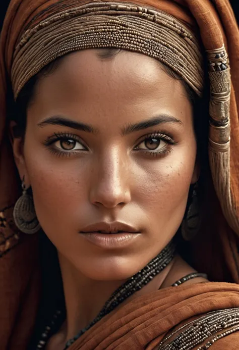 a beautiful (half-body:1.2) photograph of an berber woman, art by Marsel van Oosten, Gregory Colbert, photorealistic, Head and shoulders portrait, Three-Quarter View, Skin details, Skin pores, diagonal lines, Depth of field