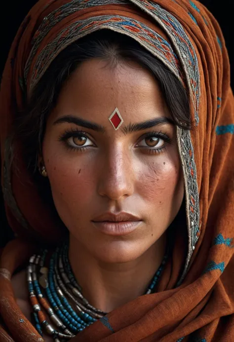 a close up of a woman wearing a headscarf and a necklace