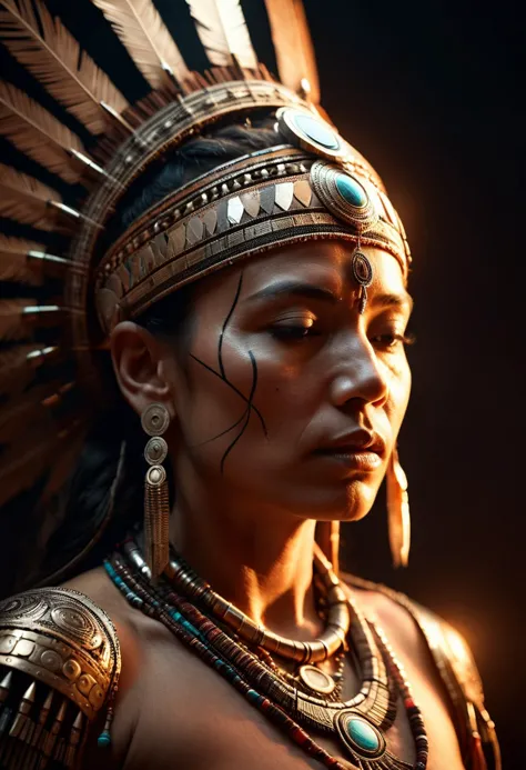 a woman in a native headdress and feathers is looking away