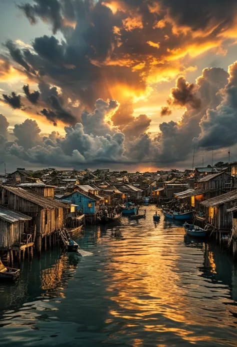 a breathtaking photograph of an underwater modern fishing village inspired by waterworld, sunset, golden hours, intricate light and shadow play; dramatic skies, detailed clouds, rain pours from the black belly of cloud, leading lines, evocative, carefully composed, meticulous aesthetics, full grey spectrum, middle-tone contrast, rule of thirds composition,

inspired by Chris Friel.