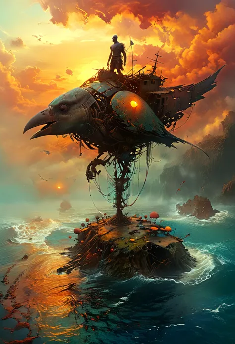 a man on a bird shaped island with a man on top of it