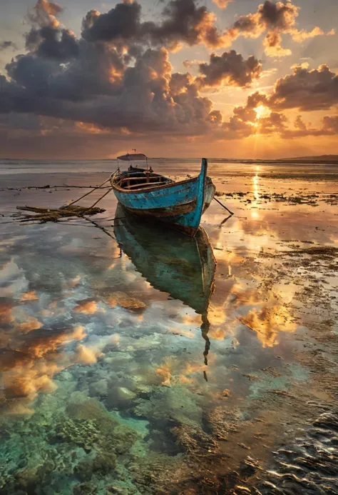 there is a boat that is sitting on the water at sunset