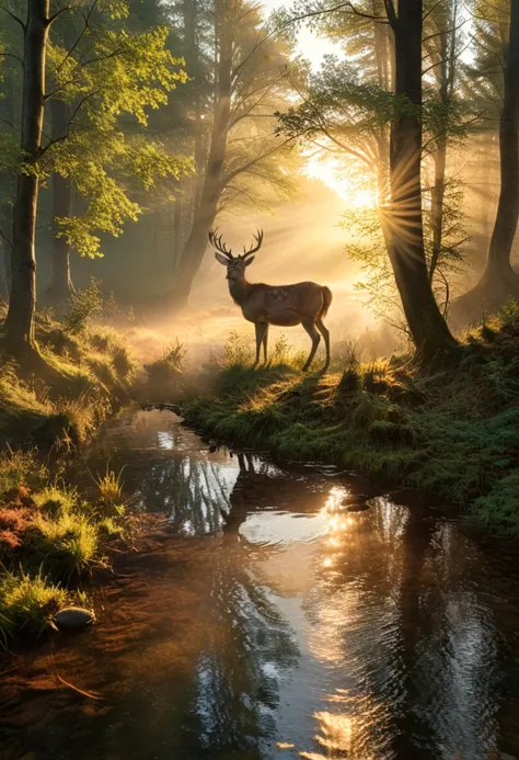 Photorealistic image of a serene forest at dawn, with the first rays of sunlight piercing through the mist and casting long shadows. A deer is quietly drinking from a stream, its reflection clear in the water. The image should be highly detailed, high definition, 4k, with a focus on the play of light and shadow and the tranquility of the scene.