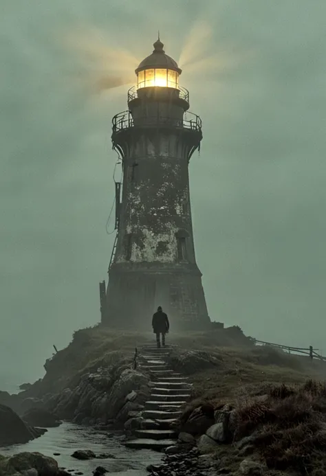 arafed lighthouse on a foggy day with a person walking up the steps