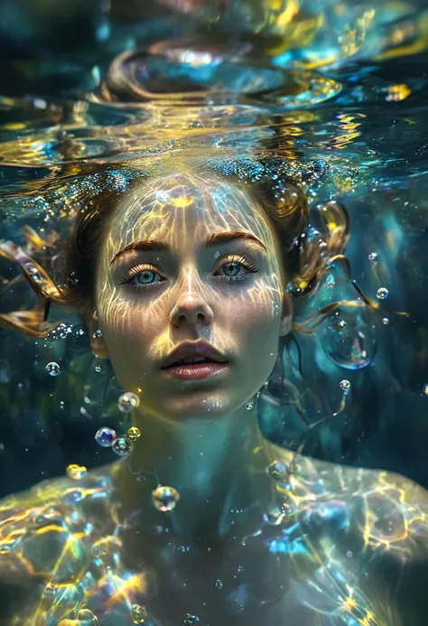 Yolanda swims underwater, dynamic pose, bubble air, hyper detailed render style, glow, yellow, blue, brush, shiny eyes, head closeup, exagerated perspective, tyndall of holographic, water iridescence, intricate dark background, art by Zena Holloway