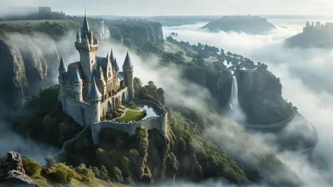 A fairy-tale castle perched upon a mist-shrouded cliff, its spires reaching towards the heavens, <lora:sdxlaarg_aerial:0.8> arch...