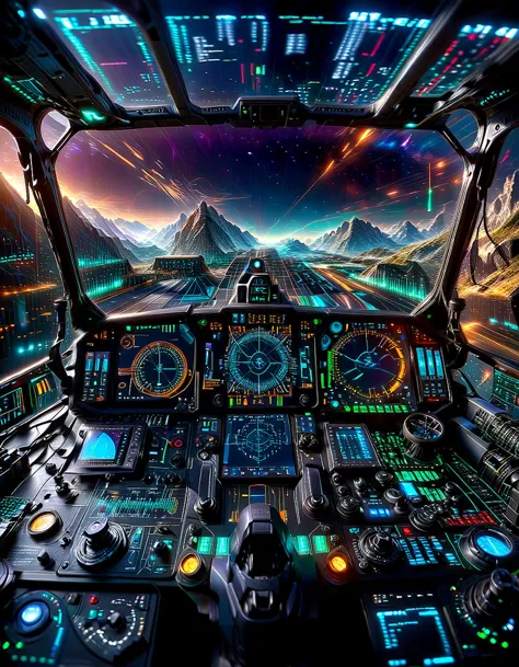 3d hud cockpit, vibrant charts graphs, controls, metallic metal chrome, shimmer glimmer sparkle, glow, ethereal, dark scenic bac...