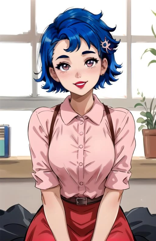 best quality, (masterpiece),(ultra-detailed), (high quality), (high resolution),  1girl, blue hair, emily,  hair ornament, lipstick, looking at viewer, meme, nail polish,   seiza, short hair, sitting, smile, solo, teeth, upper body, white background, window, red dress, pink shirt,