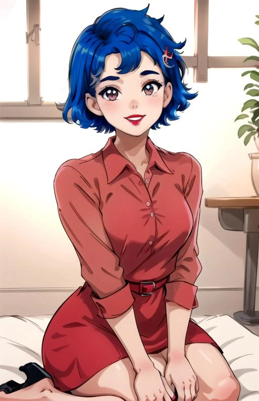 best quality, (masterpiece),(ultra-detailed), (high quality), (high resolution),  1girl, blue hair, emily,  hair ornament, lipstick, looking at viewer, meme, nail polish,   red shirt, seiza, short hair, sitting, smile, solo, teeth, upper body, white background, window, red dress, pink shirt,