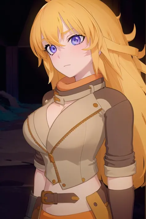 yangxiaolong, <lora:yangxiaolong-lora-nochekaiser:1>,
yang xiao long, long hair, blonde hair, (purple eyes:1.1), ahoge, bangs,
BREAK cleavage, jacket, belt, mechanical arms, single mechanical arm, prosthesis, prosthetic arm,
BREAK outdoors,
BREAK looking at viewer, (cowboy shot:1.5),
BREAK <lora:GoodHands-beta2:1>, (masterpiece:1.2), best quality, high resolution, unity 8k wallpaper, (illustration:0.8), (beautiful detailed eyes:1.6), extremely detailed face, perfect lighting, extremely detailed CG, (perfect hands, perfect anatomy),