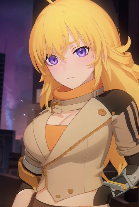 yangxiaolong, <lora:yangxiaolong-lora-nochekaiser:1>,
yang xiao long, long hair, blonde hair, (purple eyes:1.1), ahoge, bangs,
BREAK cleavage, jacket, belt, mechanical arms, single mechanical arm, prosthesis, prosthetic arm,
BREAK outdoors,
BREAK looking at viewer, (cowboy shot:1.5),
BREAK <lora:GoodHands-beta2:1>, (masterpiece:1.2), best quality, high resolution, unity 8k wallpaper, (illustration:0.8), (beautiful detailed eyes:1.6), extremely detailed face, perfect lighting, extremely detailed CG, (perfect hands, perfect anatomy),