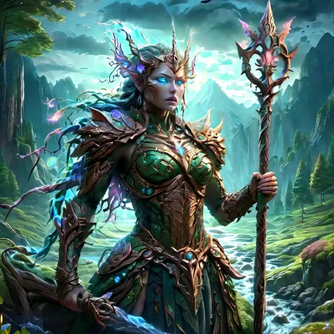 giant goddess of earth,1girl, solo, blue eyes, outdoors, sky, cloud, water, armor, glowing, colored skin, cloudy sky, staff, glowing eyes, rock, mountain, blue skin <lora:3D_Inspired:0.8> <lora:add_detail_xl:0.8> <lora:LORA_XenoDetailer_v3:1> <lora:more_details:0.8> <lora:ral-mytfrst-sdxl:0.8> ral-mytfrst <lora:xenographSFWNSFW_v1:0.8> <lora:wrenchsfantasy:0.8> wrenchsfantasy, fantasy, glowing, glowing eyes