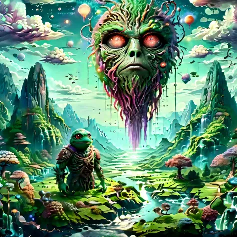 (masterpiece, best_quality, ultra-detailed, immaculate:1.3), epic, illustration, Magical floating islands with giant Guardian mega-physique Pepe frog watching over earth,1girl, solo, outdoors, sky, cloud, water, armor, glowing, colored skin, cloudy sky, staff, glowing eyes, rock, mountain, blue skin <lora:ral-mytfrst-sdxl:0.8> ral-mytfrst , fantasy, glowing, glowing eyes, fantasy landscape, floating islands, falling waterfalls, <lora:Particles_Style_SDXL:0.8> ais-particlez <lora:LORA_XenoDetailer_v3:.4> <lora:guardian:0.9> guardian <lora:wizards_vintage_comics-Undergroundf16:0.8> Vintage comic book with title text: "gods", vintage comic book <lora:ponydiffusionv6_pepethefrog:1>