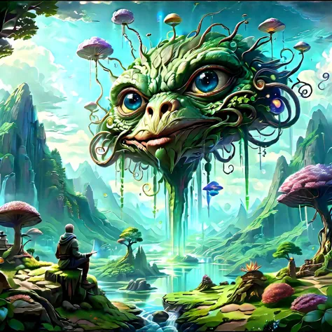 (masterpiece, best_quality, ultra-detailed, immaculate:1.3), epic, illustration, Magical floating islands with giant Guardian mega-physique Pepe frog watching over earth,1girl, solo, outdoors, sky, cloud, water, armor, glowing, colored skin, cloudy sky, staff, glowing eyes, rock, mountain, blue skin <lora:ral-mytfrst-sdxl:0.8> ral-mytfrst , fantasy, glowing, glowing eyes, fantasy landscape, floating islands, falling waterfalls,   <lora:guardian:0.9> guardian spirit  <lora:ponydiffusionv6_pepethefrog:1>