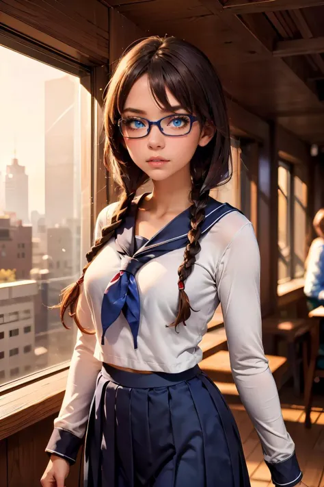 (masterpiece, best quality), 1girl,   <lora:yoshidasaki-nvwls-v1:0.8> defSaki, blue eyes, twin braids, hair over shoulders, glas...