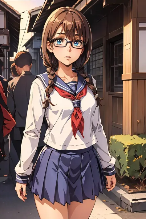 (masterpiece, best quality), 1girl,   <lora:yoshidasaki-nvwls-v1:0.8> defSaki, blue eyes, twin braids, hair over shoulders, glasses, blue shirt, serafuku, neckkerchief, long sleeves, pleated skirt <lora:Valentine_v1:0.8> love, valentine