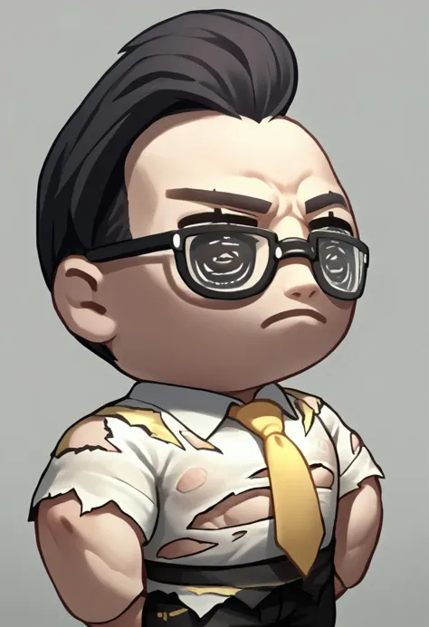 score_9, score_8_up, score_7_up, source_anime, simple background, chibi, solo, male focus, 1boy, SenArmStrong, expressionless, black hair, buzz cut, glasses, muscular male, white shirt, torn clothing, torn shirt, yellow necktie, black pants <lora:style_beegsmol_ponyXL:1.5> <lora:SenatorArmstrongPDXL_V1-Manityro-CAME:0.6>