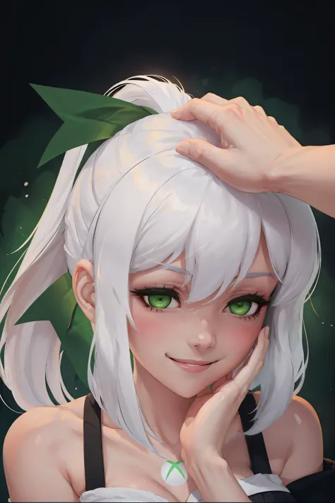 masterpiece, best quality, IncrsHeadpatPOV, headpat, pov, <lora:HeadpatPOVV2:1>, xbox-chan, ponytail, green hair ribbon, <lora:Char_Meme_Xboxchan:0.9>, blush, happy, smile, white hair,