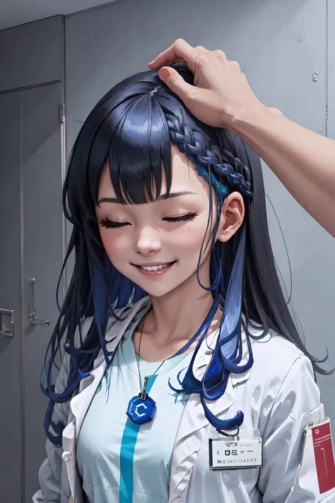 High Quality, Masterpiece, 1girl, <lora:gijinkaseries_civitai-18:0.85>, civitai-chan, braided bangs, labcoat, shirt, shirt tucked in, single vertical stripe, necklace, IncrsHeadpatPOV, headpat, pov, <lora:Pos_HeadpatPOV:1>, blush, smile, bright smile, ^_^, super happy, closed eyes, upper body, shy, teeth,