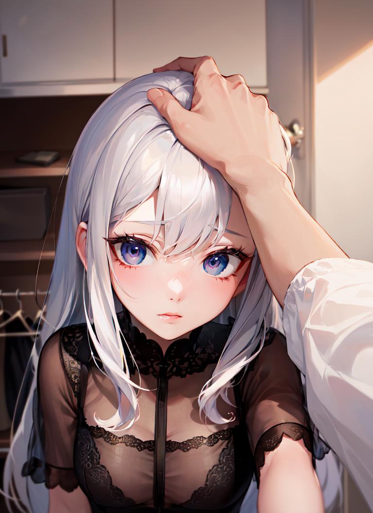 Anime girl with white hair and blue eyes sitting in a kitchen - SeaArt AI