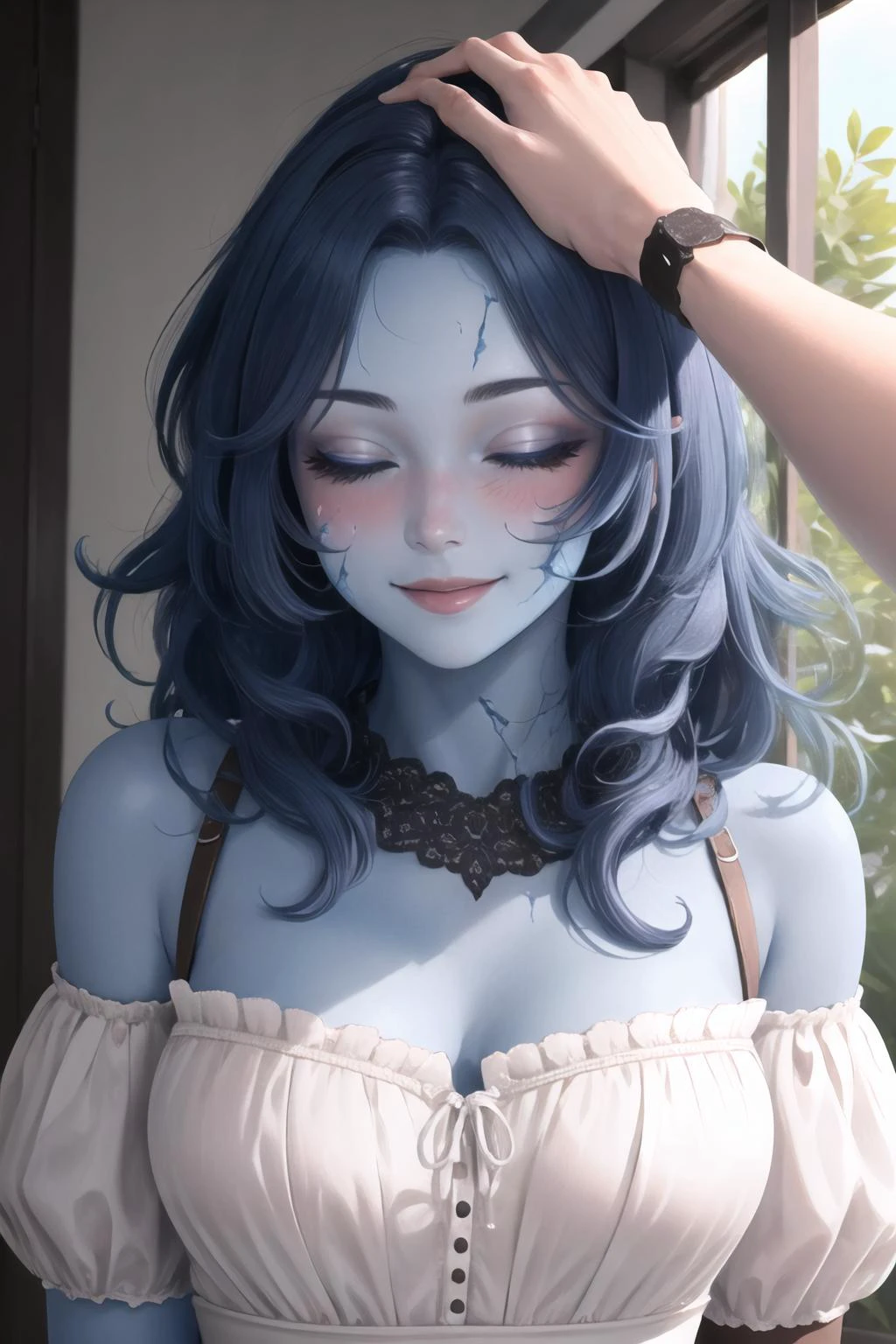 Highly detailed, High Quality, Masterpiece, beautiful, HeadpatPOV, pov, 1girl, solo, smile, blush, closed eyes, Ranni, wavy hair, blue skin, cracked skin, extra arms, dress, 