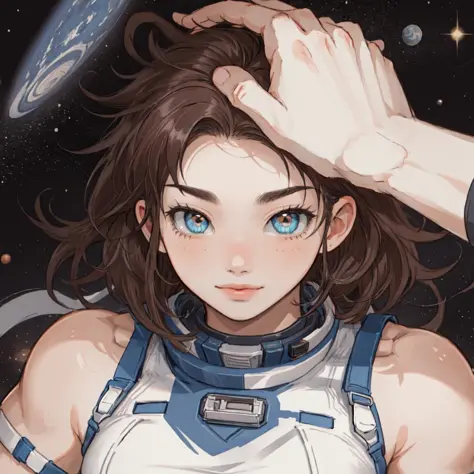 masterpiece, best quality, joseph joestar, muscular male, brown hair,  HeadpatPOV:1.3, pov, headpat, Beautiful Art Style, 1girl, young woman, breasts out, daring, space station, waving,    