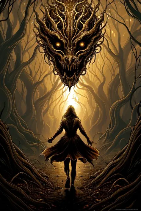 a woman standing in front of a giant dragon head in a forest