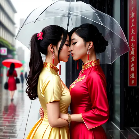 standing, wide angle shot, earring, chinese dress, boob window, high detail, realistic, beautiful background, 2 girls, umbrella,...