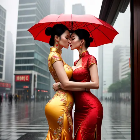 standing, wide angle shot, earring, Chinese dress, boob window, high detail, realistic, beautiful background, 2 girls, umbrella,...